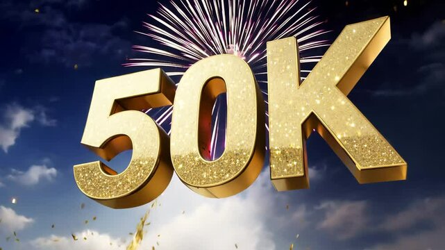 50k followers celebration with golden shiny numbers and falling confetti