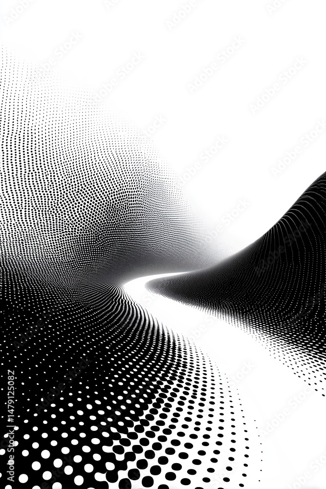 Poster abstract halftone dotted pattern creating wavy path on white background