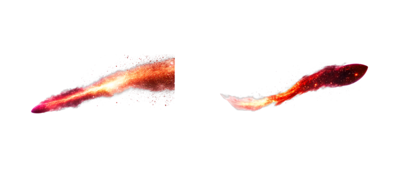 Two fiery comet streaks with plasma tail and star sparkles, cut out transparent