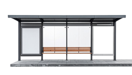 Modern bus stop shelter with a wooden bench, metal frame, and minimalist design.