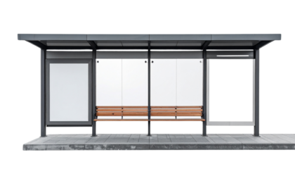 Modern bus stop shelter with a wooden bench, metal frame, and minimalist design.