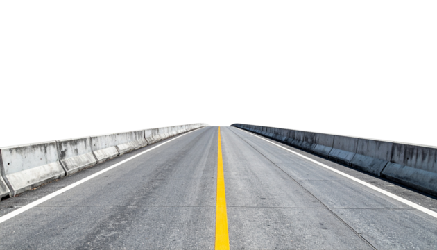 A straight, empty road with a yellow dividing line stretches forward into a solid black background.