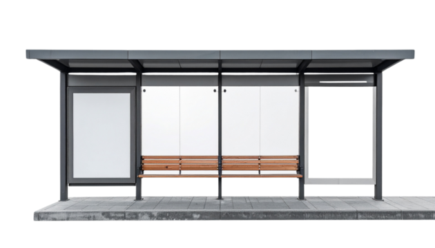 Modern bus stop shelter with a wooden bench, metal frame, and minimalist design.