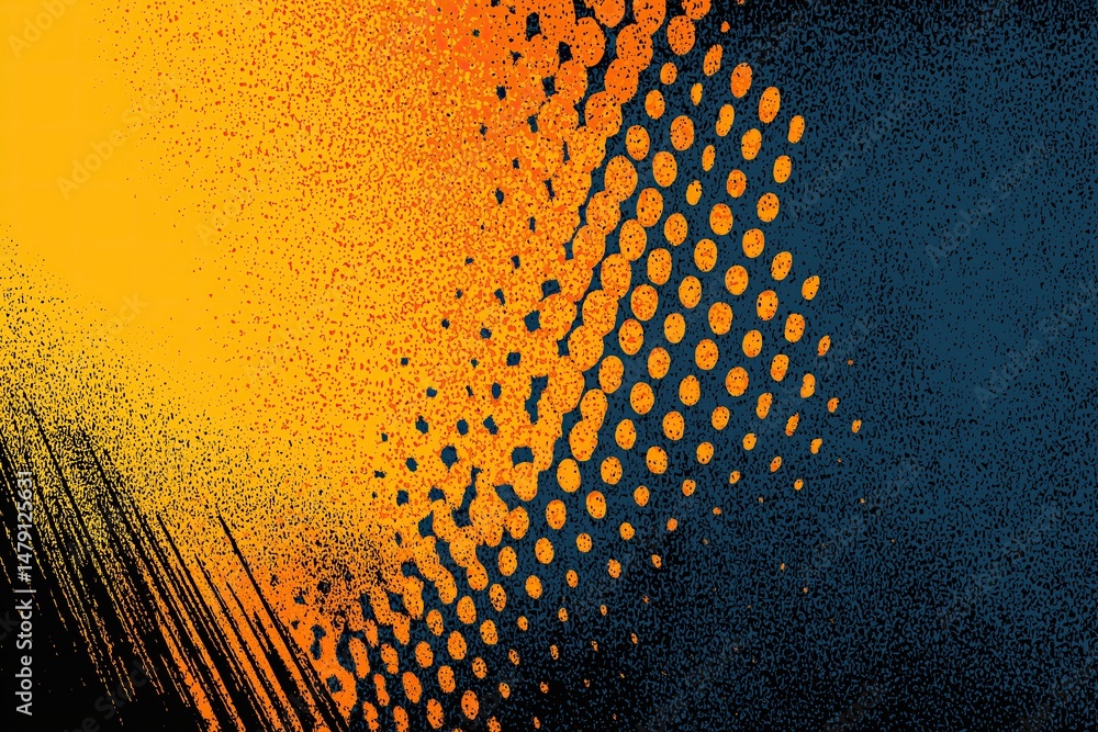 Poster orange dots creating halftone pattern on dark blue background