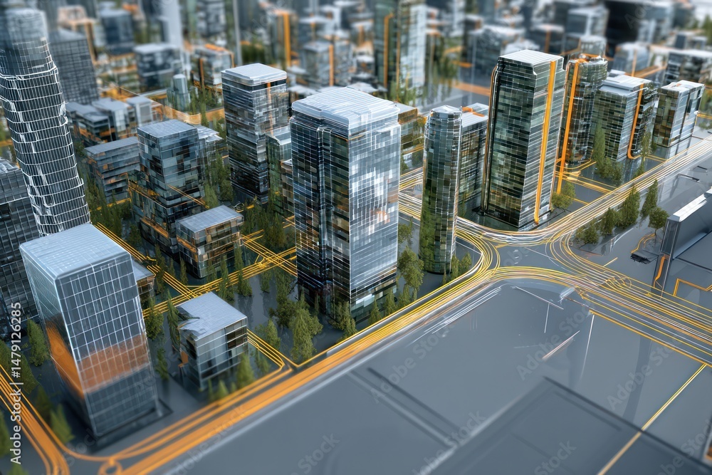 Poster future city center designed in 3d, integrating smart buildings and energy-efficient technologies.