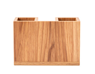 Wooden organizer with two compartments for holding items.