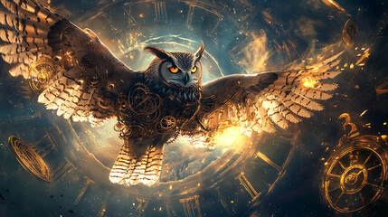 A majestic mechanical owl soars through a cosmic clockwork realm filled with shimmering gears