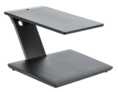 A modern, adjustable black metal stand designed for supporting laptops or monitors.