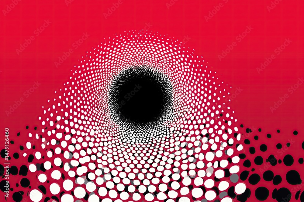 Poster swirling dots creating tunnel effect on red background