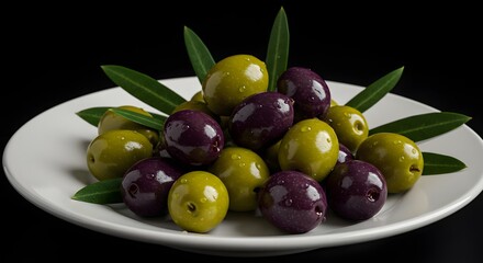 Obraz premium Green and Purple Olives on White Plate