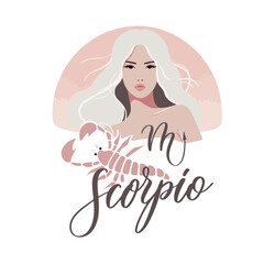 Zodiac girl Scorpio. Vector astrological signs as a beautiful woman. Future telling, horoscope, alchemy, spirituality, occultism, fashion.