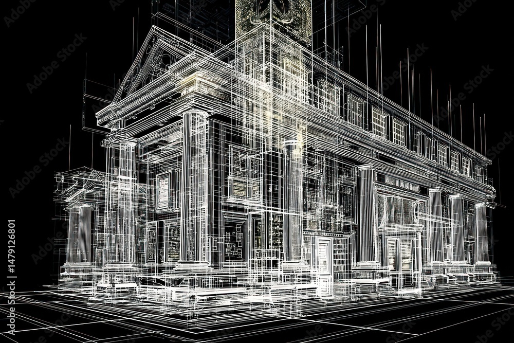 Poster digital wireframe model of a high-tech library, offering interactive features for students and resea