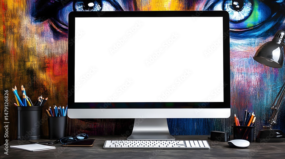 Poster empty computer screen on a workspace with vibrant artwork.