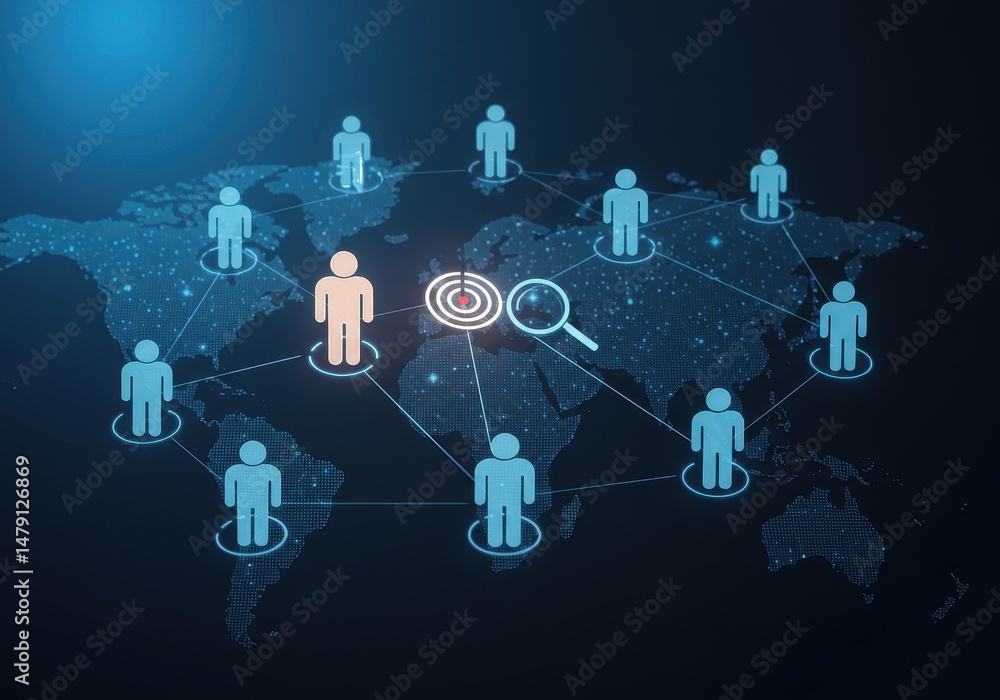 Poster global network connecting people around the world with a target and magnifier over a digital map