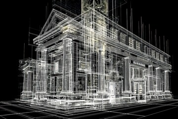 Fototapeta premium Digital wireframe model of a high-tech library, offering interactive features for students and researchers.