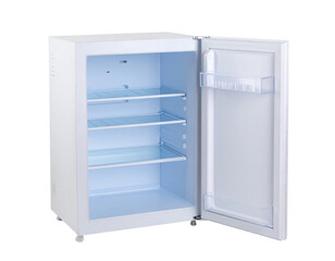An empty white refrigerator with the door open, displaying multiple shelves and storage compartments.