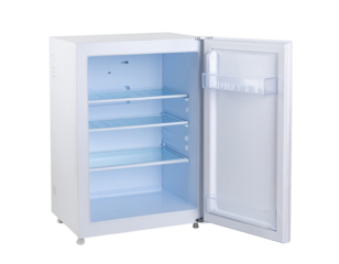 An empty white refrigerator with the door open, displaying multiple shelves and storage compartments.