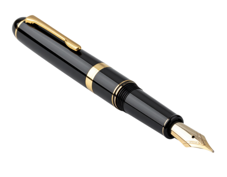 Elegant black fountain pen with gold accents and a metal nib.
