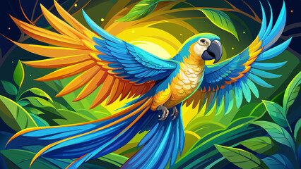 Obraz premium A majestic macaw parrot soars through the air, its vivid blue and yellow feathers shimmering with tropical brilliance. Each wingbeat is a burst of color, echoing the spirit of the rainforest.