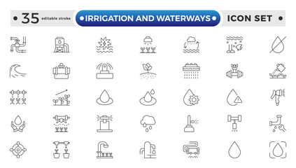 irrigation and waterways icon set. Includes drip, pipe, irrigation, and More. Editable stroke outline icon.