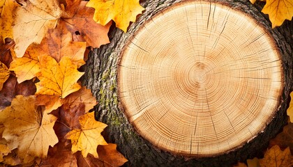 Autumnal tree stump surrounded by colorful leaves.