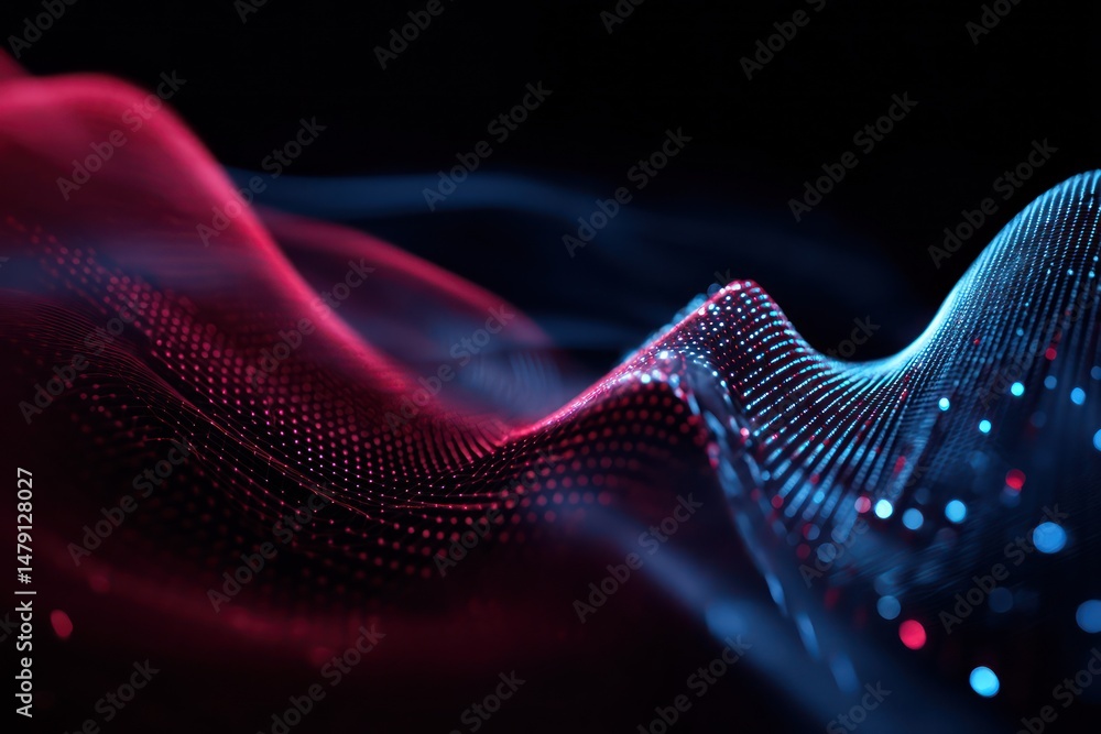Poster blue and red abstract lights forming digital waves, representing the dynamic flow of data.