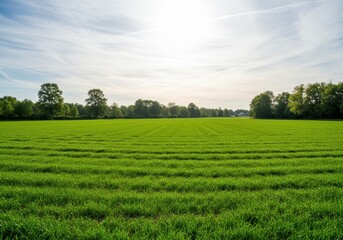 Lush green field stretches to the horizon under a bright sky with scattered trees