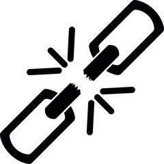 black broken chain link icon with bold lines and crack effect used for error, disconnection and breakage	