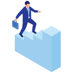 Business Concept. Vector illustration of A businessman climbs ascending blocks, representing progress, ambition, and career development. Isolated on background