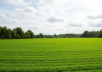 A vibrant green field stretches towards the horizon under a cloudy sky with distant trees