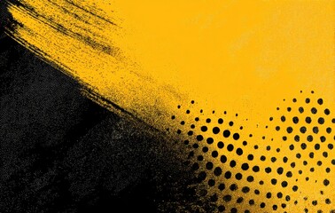 Bold yellow and black abstract design with textured brushstrokes.