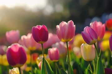 Colorful spring flowers in full bloom creating a vibrant garden atmosphere, beautiful flowers grow up on spring Photo in background for live wallpaper