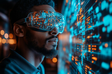 a technician in augmented reality glasses examining a 3D projection