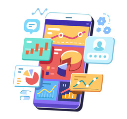 Analyzing charts and graphs on smartphone for data review. Online statistics, financial analysis, business management