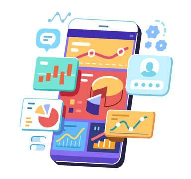 Analyzing charts and graphs on smartphone for data review. Online statistics, financial analysis, business management