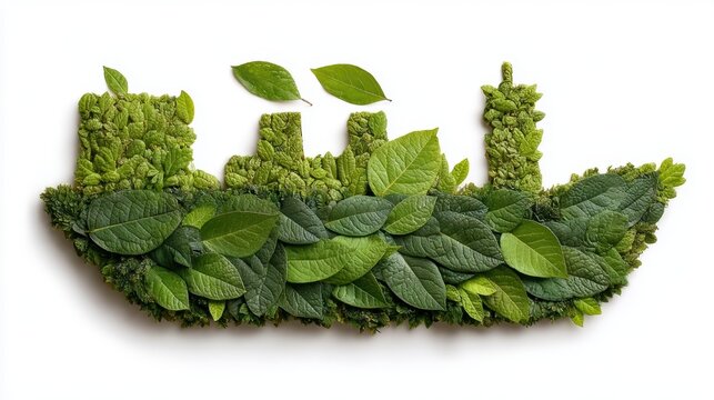A minimalist design of a ship is outline made from leaves, symbolizing green practices in the maritime industry.