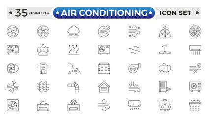 Air conditioning with fresh cold air outline icon set. Cool air and cooling symbol collection. Editable stroke outline icon.

