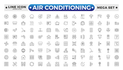 Air conditioning with fresh cold air outline icon set. Cool air and cooling symbol collection. Editable stroke outline icon.
