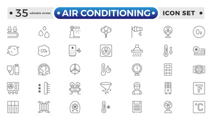 Air conditioning with fresh cold air outline icon set. Cool air and cooling symbol collection. Editable stroke outline icon.
