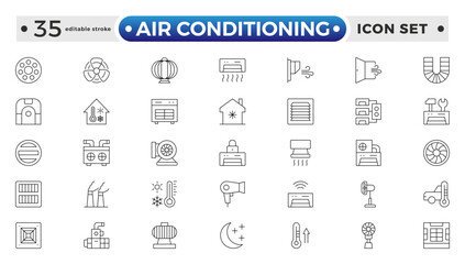 Air conditioning with fresh cold air outline icon set. Cool air and cooling symbol collection. Editable stroke outline icon.
