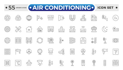 Air conditioning with fresh cold air outline icon set. Cool air and cooling symbol collection. Editable stroke outline icon.
