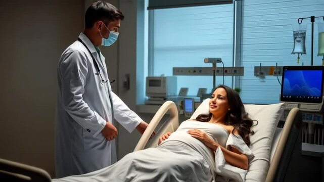 male doctor and happy pregnant woman in modern hospital, healthcare, pregnancy and childbirth concept