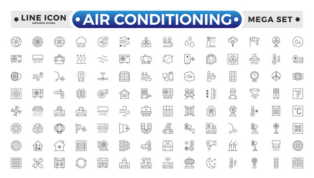 Air conditioning with fresh cold air outline icon set. Cool air and cooling symbol collection. Editable stroke outline icon.
