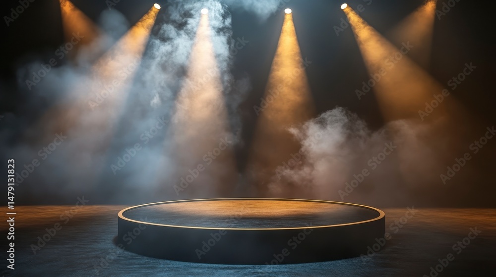 Poster empty circular stage with spotlight and smoke.