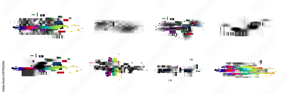Poster glitch pixel art elements - distorted graphics with random colorful digital noise. tv static, vhs ta