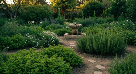 Serene Herb Garden: Stone Fountain, Lush Greenery, Tranquil Sunset
