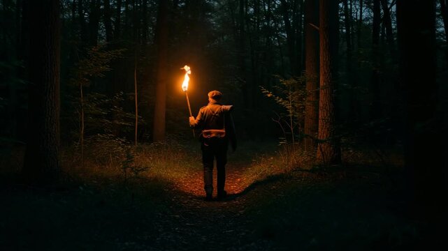 explorer carrying a torch at night in the middle of the wilderness