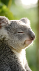 Fototapeta premium A koala with closed eyes and a gentle smile basks in the warm sunlight surrounded by greenery creating a peaceful and serene atmosphere