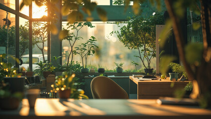 A bright, plant-filled office space bathed in warm sunlight and offering an urban view.