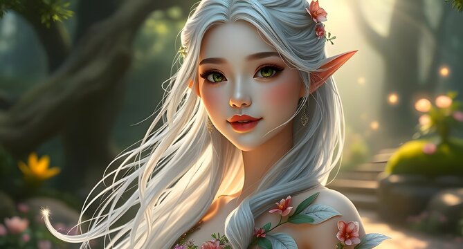 Magische Elfe mit Feen im Licht des Waldes &ndash; detailreiche Fantasy-Illustration 010